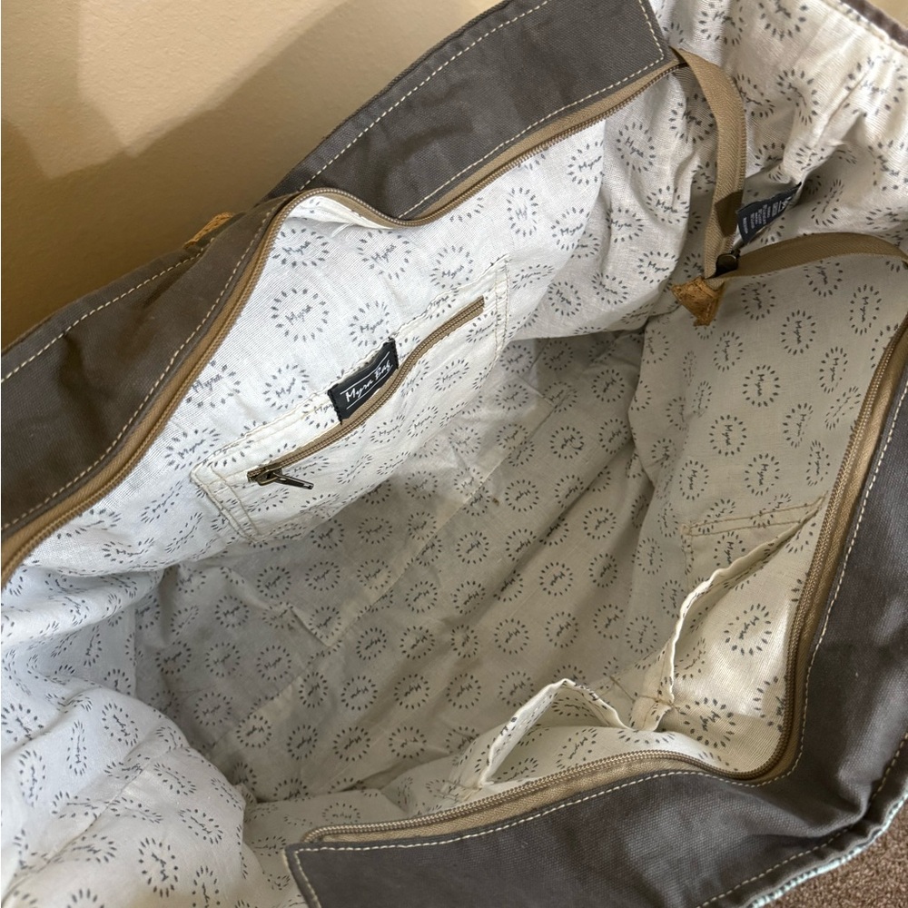 Myra Bag Teal and Brown Travel Tote with White Pattern - Picture 7 of 11